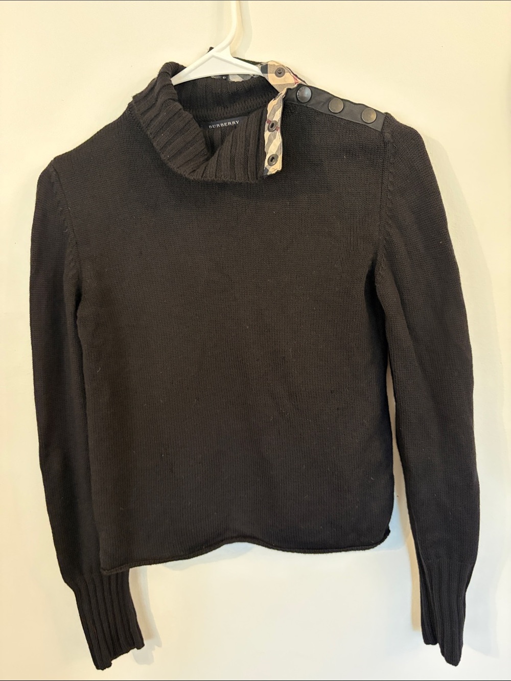 Burberry Black Merino Wool Turtleneck Sweater with Button Shoulder